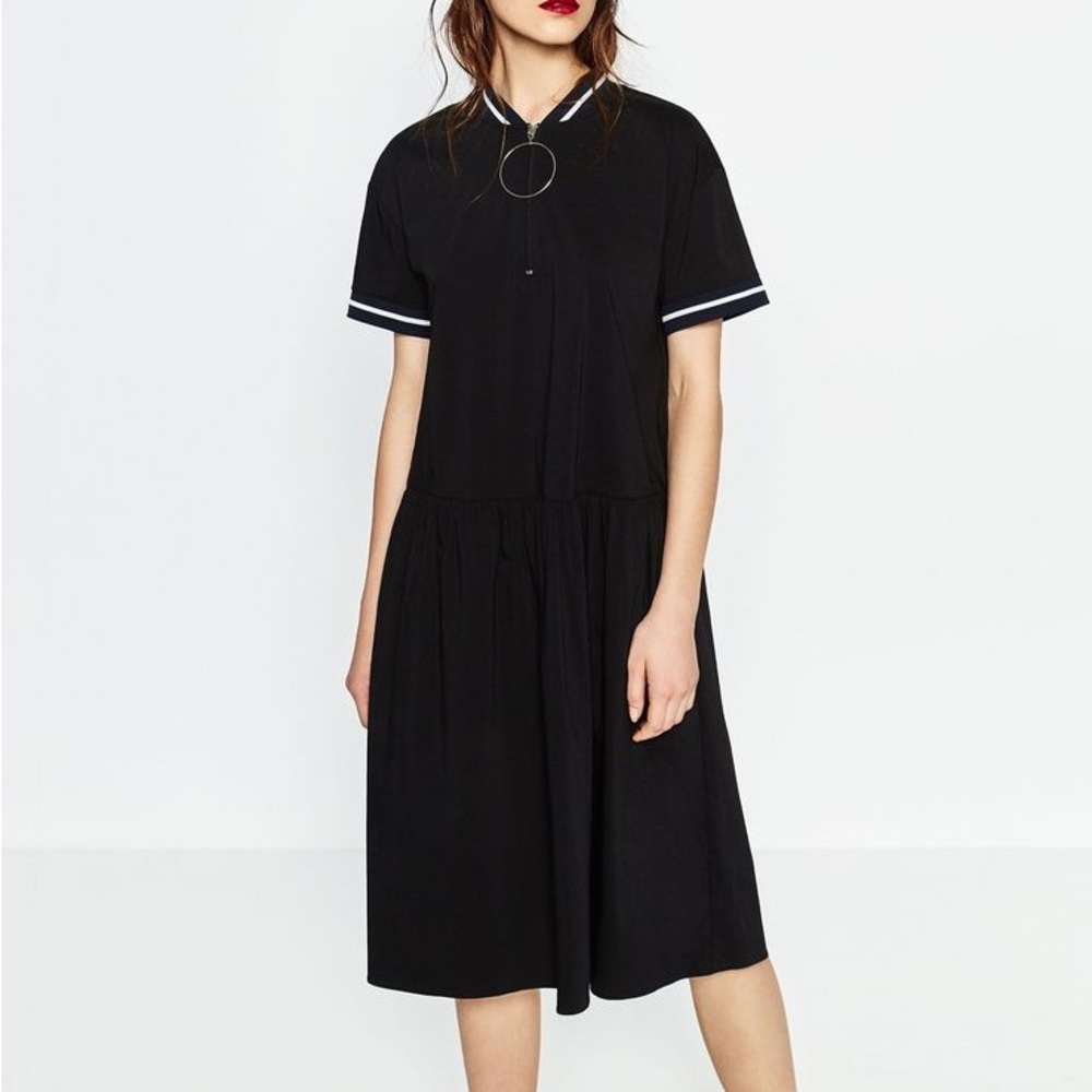 TT: Zara Woman Half Zip Dress Black Short Sleeves Blue Strip Drop Waist